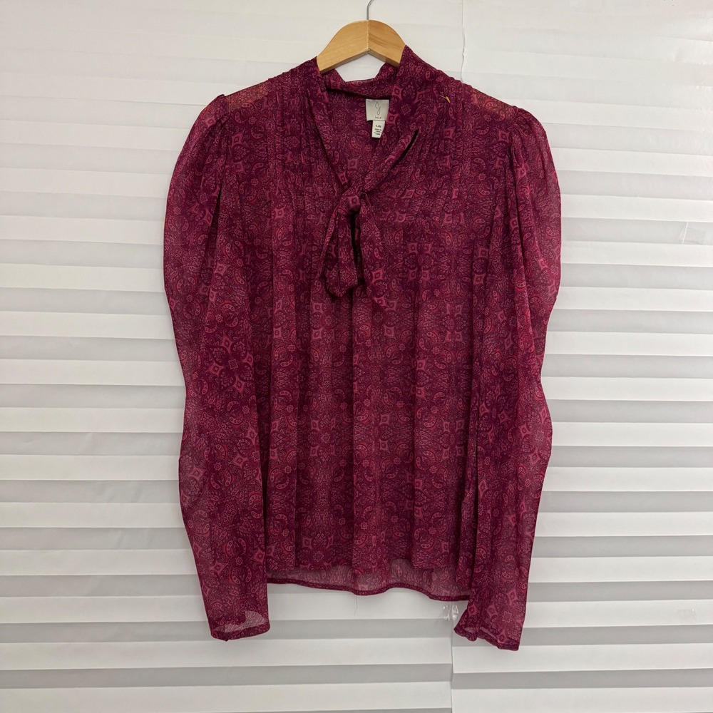 Joie Womens Berry Paisley Tie Neck Puff Sleeve Chiffon Blouse Size L Semi Sheer